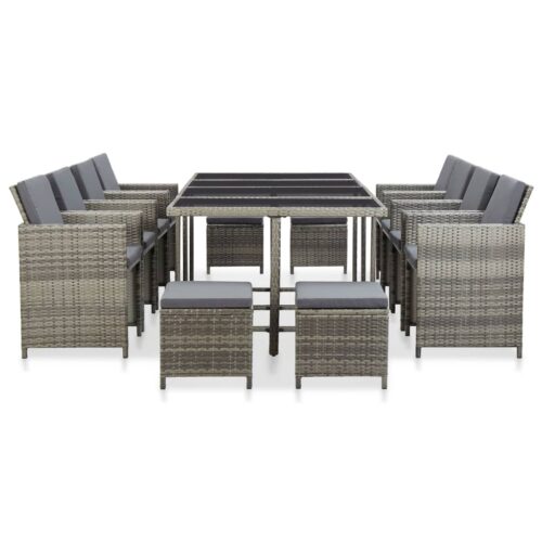 13-Piece Outdoor Dining Set with Cushions Poly Rattan Wicker Outdoor Patio Furniture Grey
