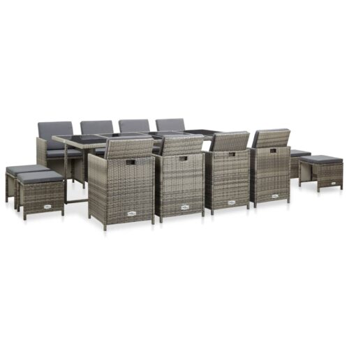 13-Piece Outdoor Dining Set with Cushions Poly Rattan Wicker Outdoor Patio Furniture Grey - Image 2