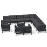 14-Piece Garden Lounge Set with Cushions Black Pine Wood Outdoor Patio Furniture