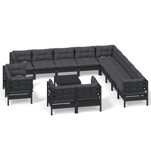 14-Piece Garden Lounge Set with Cushions Black Pine Wood Outdoor Patio Furniture