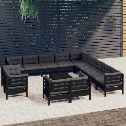 14-Piece Garden Lounge Set with Cushions Black Pine Wood Outdoor Patio Furniture - Image 2