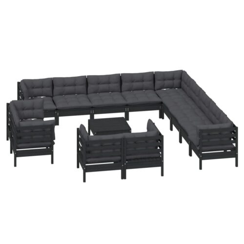 14-Piece Garden Lounge Set with Cushions Black Pine Wood Outdoor Patio Furniture - Image 3