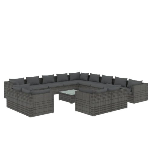 14-Piece Garden Lounge Set with Cushions Grey Poly Rattan Wicker Outdoor Patio Furniture