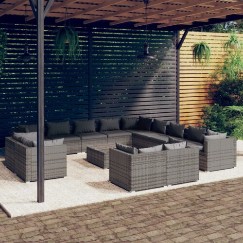 14-Piece Garden Lounge Set with Cushions Grey Poly Rattan Wicker Outdoor Patio Furniture - Image 2