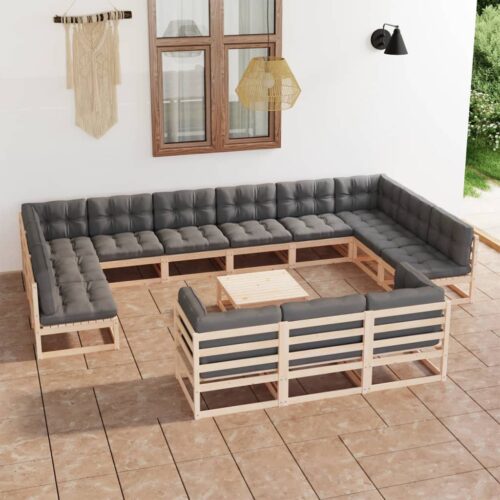 14-Piece Garden Lounge Set with Cushions Pine Wood Outdoor Patio Furniture - Image 2