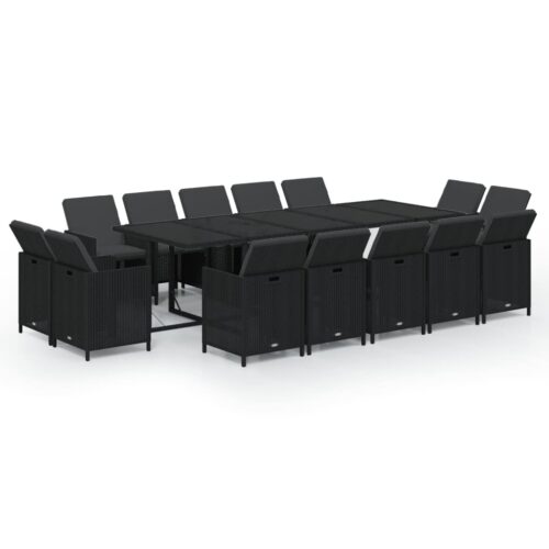 15-Piece Garden Dining Set with Cushions Poly Rattan Wicker Outdoor Patio Furniture Black
