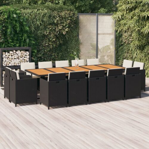 15-Piece Garden Dining Set with Cushions Poly Rattan Wicker Outdoor Patio Furniture Black - Image 2