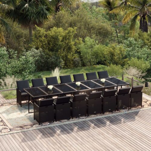 15-Piece Garden Dining Set with Cushions Poly Rattan Wicker Outdoor Patio Furniture Black - Image 2