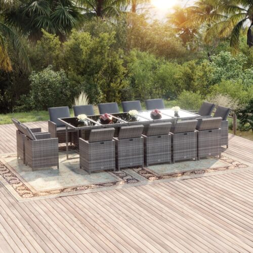 15-Piece Garden Dining Set with Cushions Poly Rattan Wicker Outdoor Patio Furniture Grey - Image 2