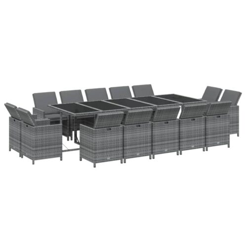 15-Piece Garden Dining Set with Cushions Poly Rattan Wicker Outdoor Patio Furniture Grey - Image 3