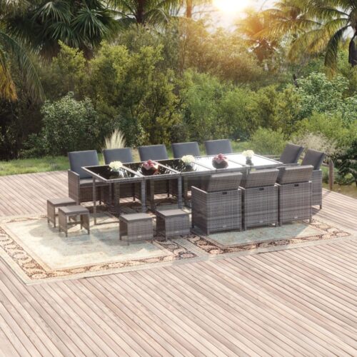 15-Piece Garden Dining Set with Cushions Poly Rattan Wicker Outdoor Patio Furniture Grey - Image 2