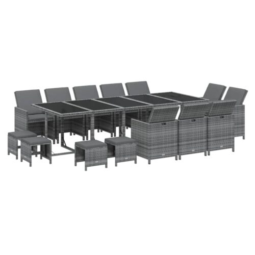 15-Piece Garden Dining Set with Cushions Poly Rattan Wicker Outdoor Patio Furniture Grey - Image 3