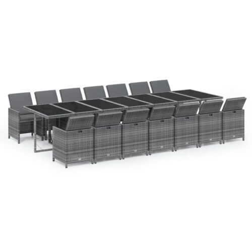 15-Piece Garden Dining Set with Cushions Poly Rattan Wicker Outdoor Patio Furniture Grey