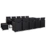 15-Piece Outdoor Dining Set with Cushions Poly Rattan Wicker Outdoor Patio Furniture Black
