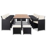 15-Piece Outdoor Dining Set with Cushions Poly Rattan Wicker Outdoor Patio Furniture Black