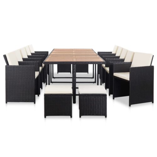 15-Piece Outdoor Dining Set with Cushions Poly Rattan Wicker Outdoor Patio Furniture Black