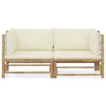 2-Piece Garden Lounge Set with Cream White Cushions Bamboo