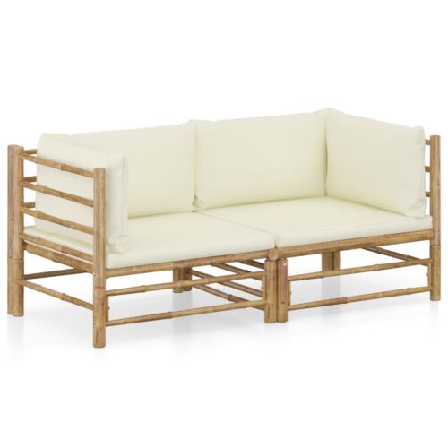 2-Piece Garden Lounge Set with Cream White Cushions Bamboo - Image 2