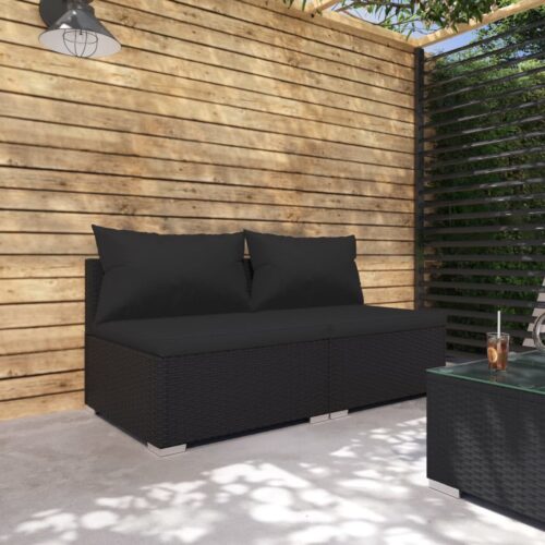 2-Piece Garden Lounge Set with Cushions Poly Rattan Wicker Outdoor Patio Furniture Black - Image 2