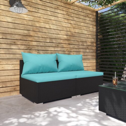 2-Piece Garden Lounge Set with Cushions Poly Rattan Wicker Outdoor Patio Furniture Black - Image 2