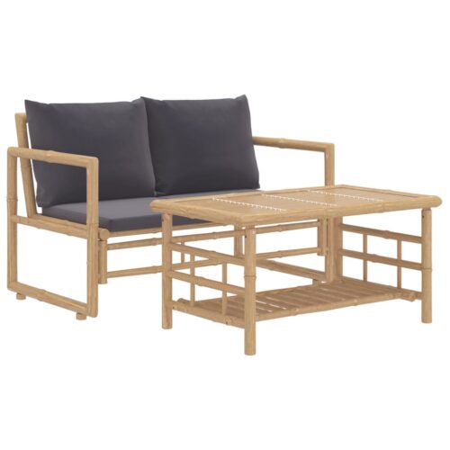 2-Piece Garden Lounge Set with Dark Grey Cushions Bamboo