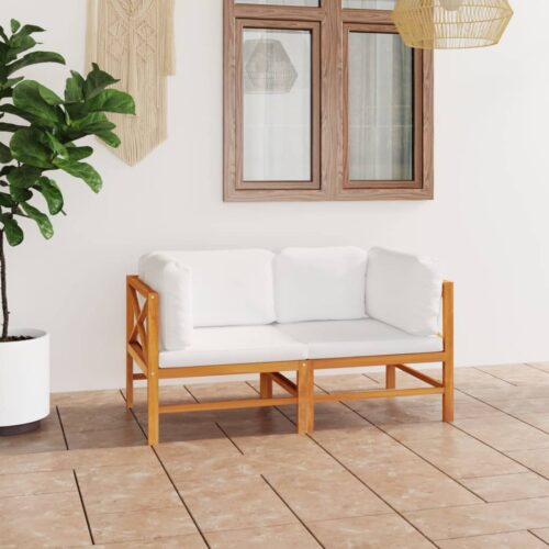 2-Seater Garden Sofa with Cream Cushions Wood Timber Outdoor Patio Furniture Teak - Image 2