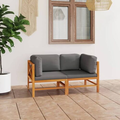 2-Seater Garden Sofa with Grey Cushions Wood Timber Outdoor Patio Furniture Teak - Image 2