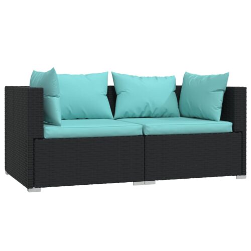 2-Seater Sofa with Cushions Black Poly Rattan Wicker Outdoor Patio Furniture