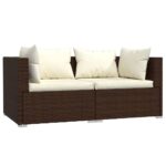 2-Seater Sofa with Cushions Brown Poly Rattan Wicker Outdoor Patio Furniture