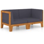 2-Seater Sofa with Dark Grey Cushions Acacia Wood Timber Outdoor Patio Furniture