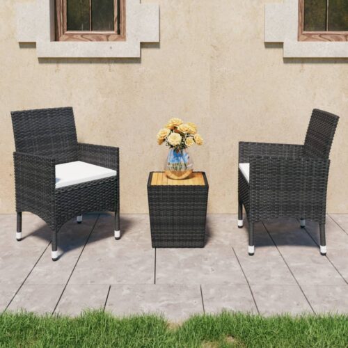 3-Piece Bistro Set Poly Rattan Wicker Outdoor Patio Furniture Acacia Wood Black - Image 2