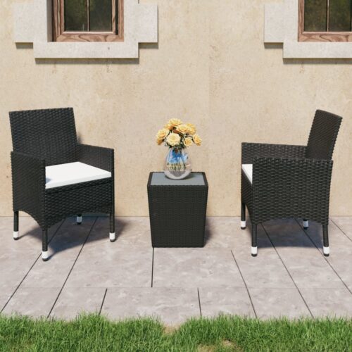 3-Piece Bistro Set Poly Rattan Wicker Outdoor Patio Furniture Tempered Glass Black - Image 2