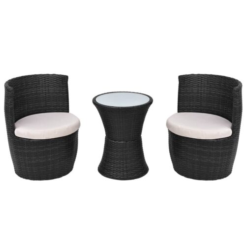 3-Piece Bistro Set with Cushions Poly Rattan Wicker Outdoor Patio Furniture Black