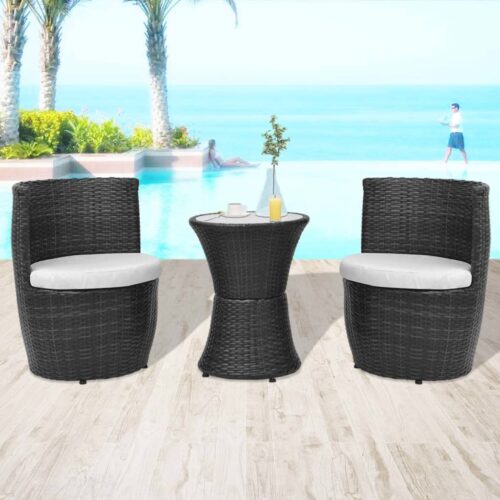 3-Piece Bistro Set with Cushions Poly Rattan Wicker Outdoor Patio Furniture Black - Image 2