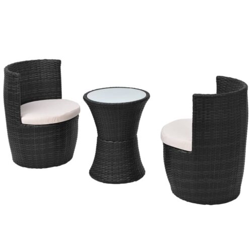3-Piece Bistro Set with Cushions Poly Rattan Wicker Outdoor Patio Furniture Black - Image 3