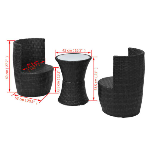 3-Piece Bistro Set with Cushions Poly Rattan Wicker Outdoor Patio Furniture Black - Image 8