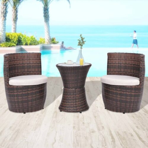 3-Piece Bistro Set with Cushions Poly Rattan Wicker Outdoor Patio Furniture Brown - Image 2