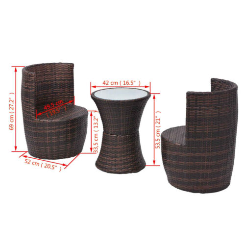 3-Piece Bistro Set with Cushions Poly Rattan Wicker Outdoor Patio Furniture Brown - Image 8