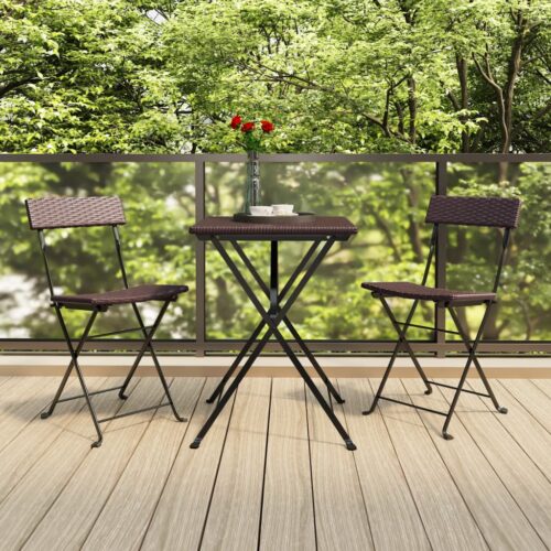 3-Piece Folding Bistro Set Brown Poly Rattan Wicker Outdoor Patio Furniture - Image 2