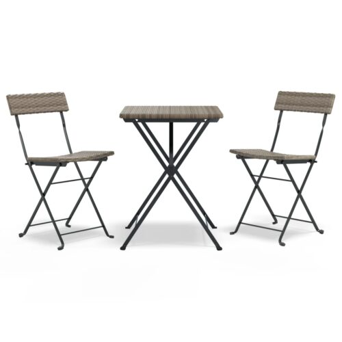 3-Piece Folding Bistro Set Grey Poly Rattan Wicker Outdoor Patio Furniture