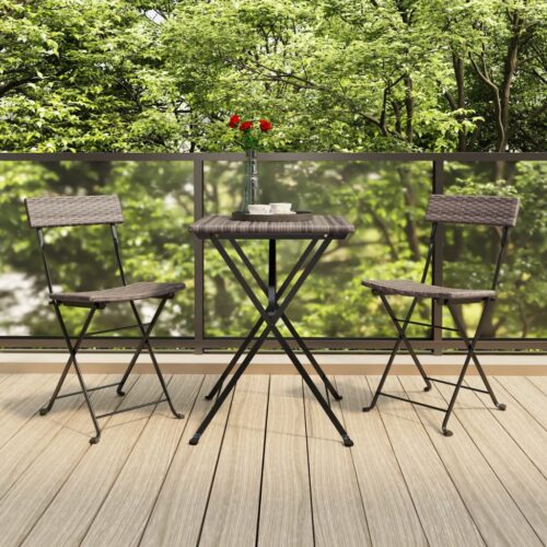 3-Piece Folding Bistro Set Grey Poly Rattan Wicker Outdoor Patio Furniture - Image 2