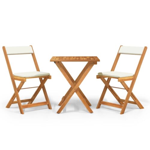 3-Piece Folding Bistro Set with Cushions Wood Timber Outdoor Patio Furniture Acacia