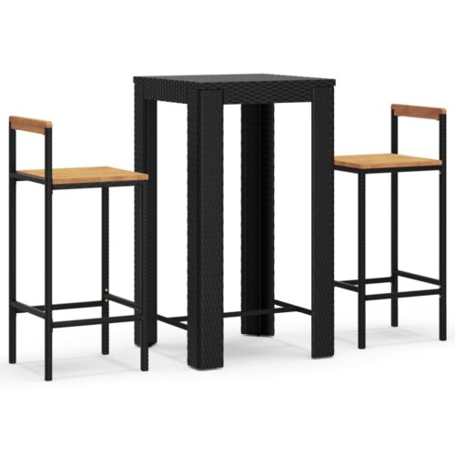 3-Piece Garden Bar Set Black Poly Rattan Wicker Outdoor Patio Furniture&Solid Wood Acacia