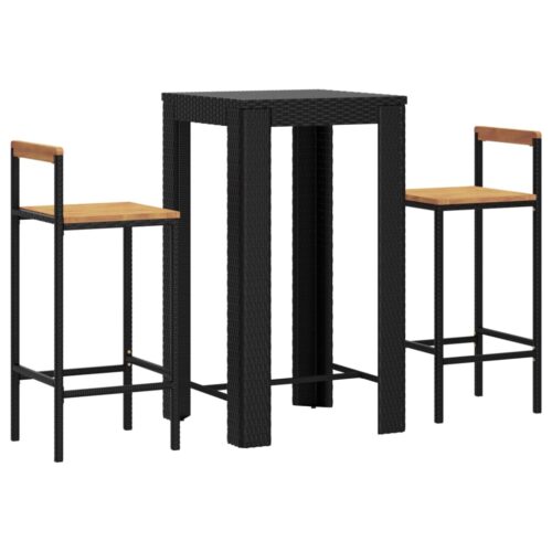 3-Piece Garden Bar Set Black Poly Rattan Wicker Outdoor Patio Furniture&Solid Wood Acacia - Image 3