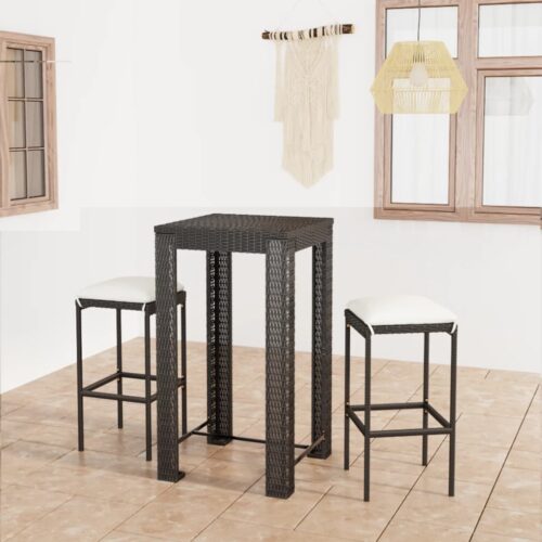 3-Piece Garden Bar Set with Cushions Poly Rattan Wicker Outdoor Patio Furniture Black - Image 2