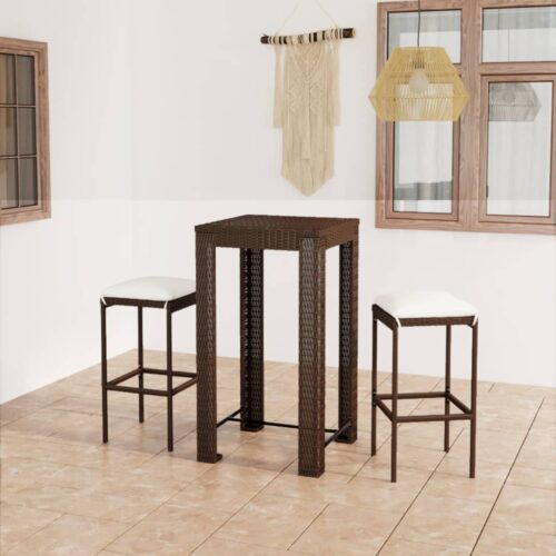 3-Piece Garden Bar Set with Cushions Poly Rattan Wicker Outdoor Patio Furniture Brown - Image 2