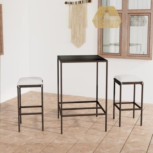 3-Piece Garden Bar Set with Cushions Poly Rattan Wicker Outdoor Patio Furniture Brown - Image 2