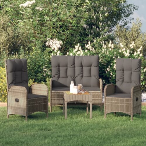 3-Piece Garden Dining Set with Cushions Grey Poly Rattan Wicker Outdoor Patio Furniture - Image 2