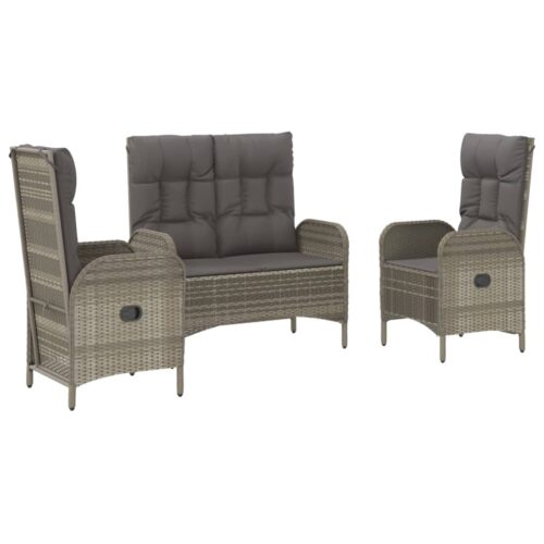 3-Piece Garden Dining Set with Cushions Grey Poly Rattan Wicker Outdoor Patio Furniture - Image 3