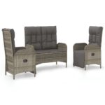 3-Piece Garden Dining Set with Cushions Grey Poly Rattan Wicker Outdoor Patio Furniture